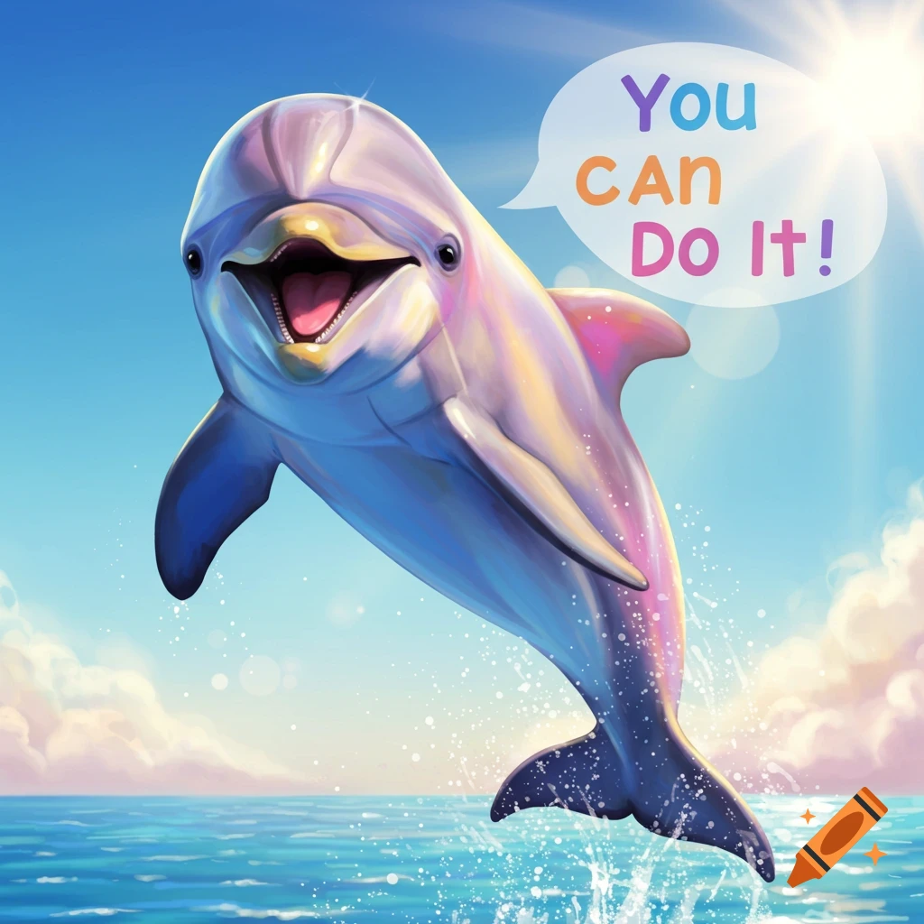 A smiling dolphin is shown jumping from the water with a 'You CAN Do It!' speech bubble.