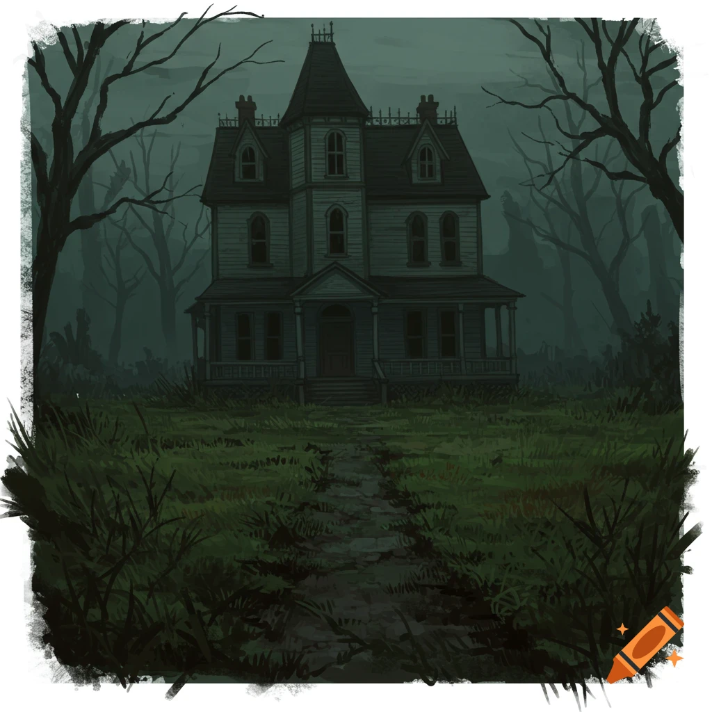 A spooky Victorian house in a dark, overgrown yard with a path