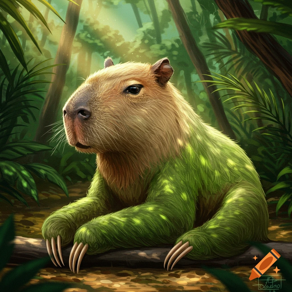 A capybara-sloth hybrid creature sitting on a log in a forest.