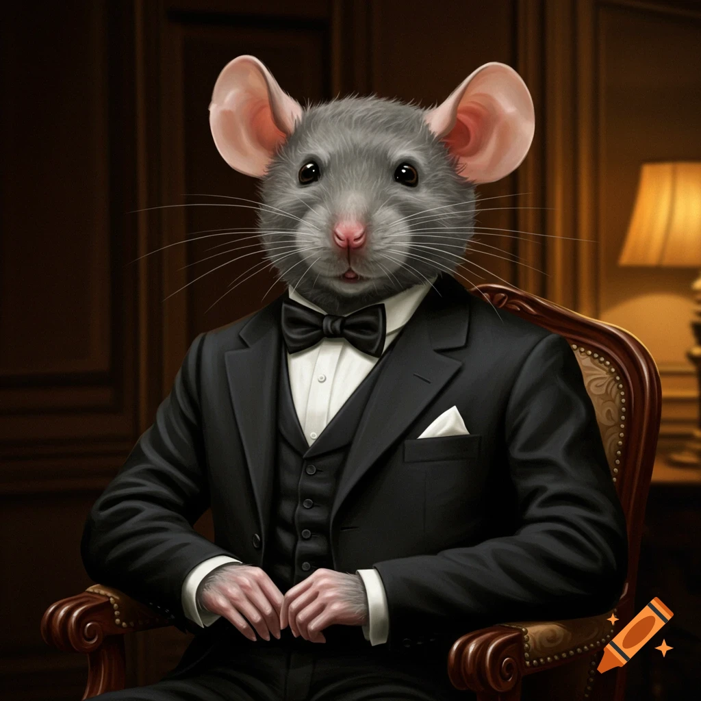 A grey rat wearing a suit and bow tie, sitting in a chair.