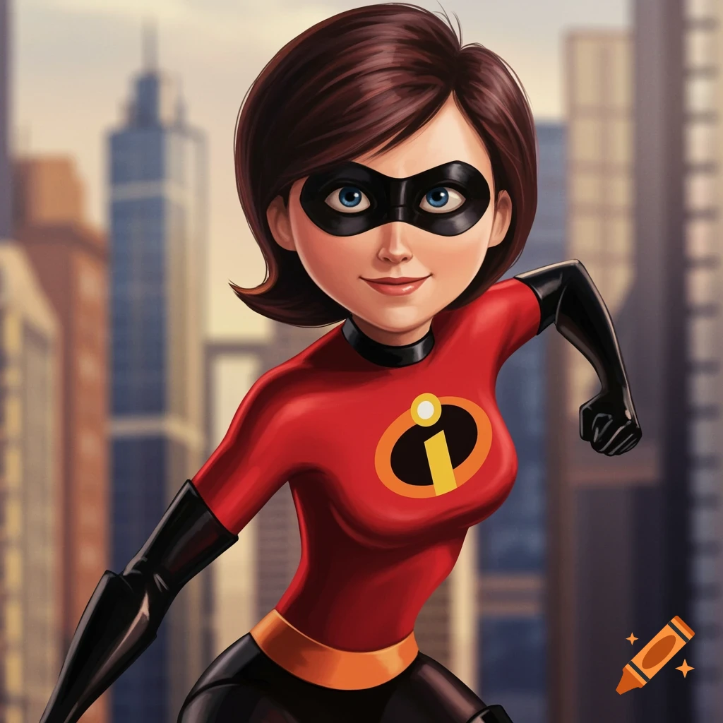 An image of Elastigirl from The Incredibles in her red suit, posed dynamically against a city background.