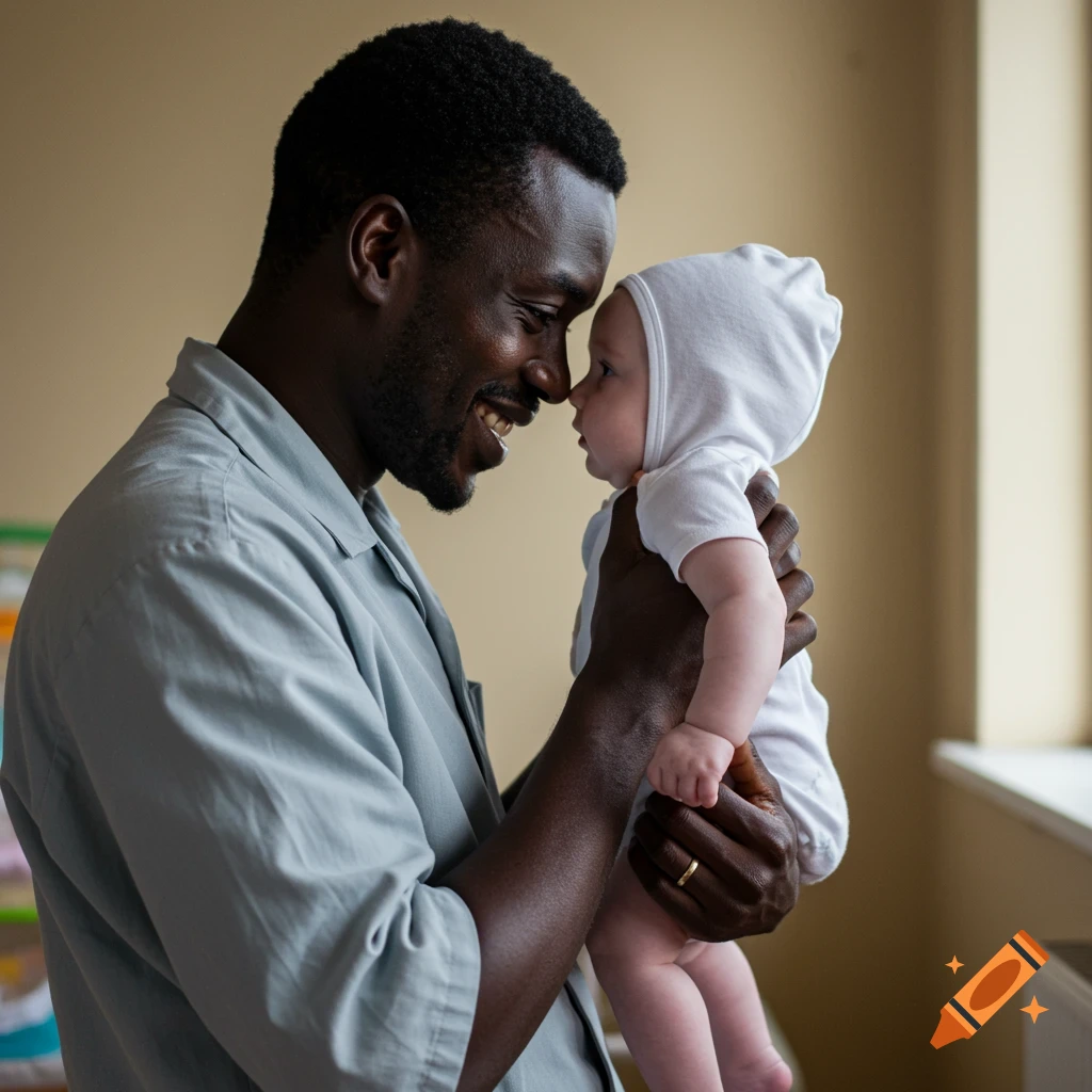 A smiling Black man holds a baby in a white onesie nose-to-nose in a warm room.