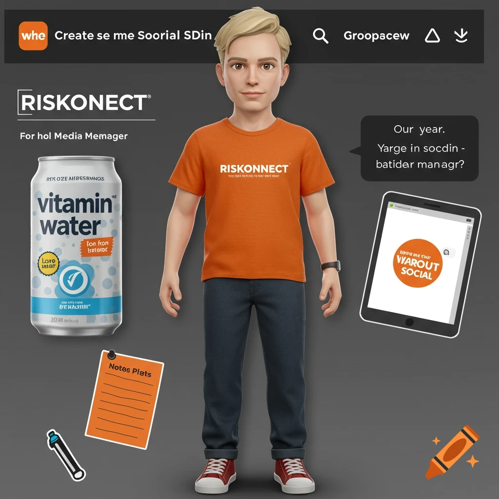 A stylized 3D rendering of a blonde man in an orange t-shirt and jeans stands with props including a Vitamin Water can, notepad, pen, tablet, and speech bubble.