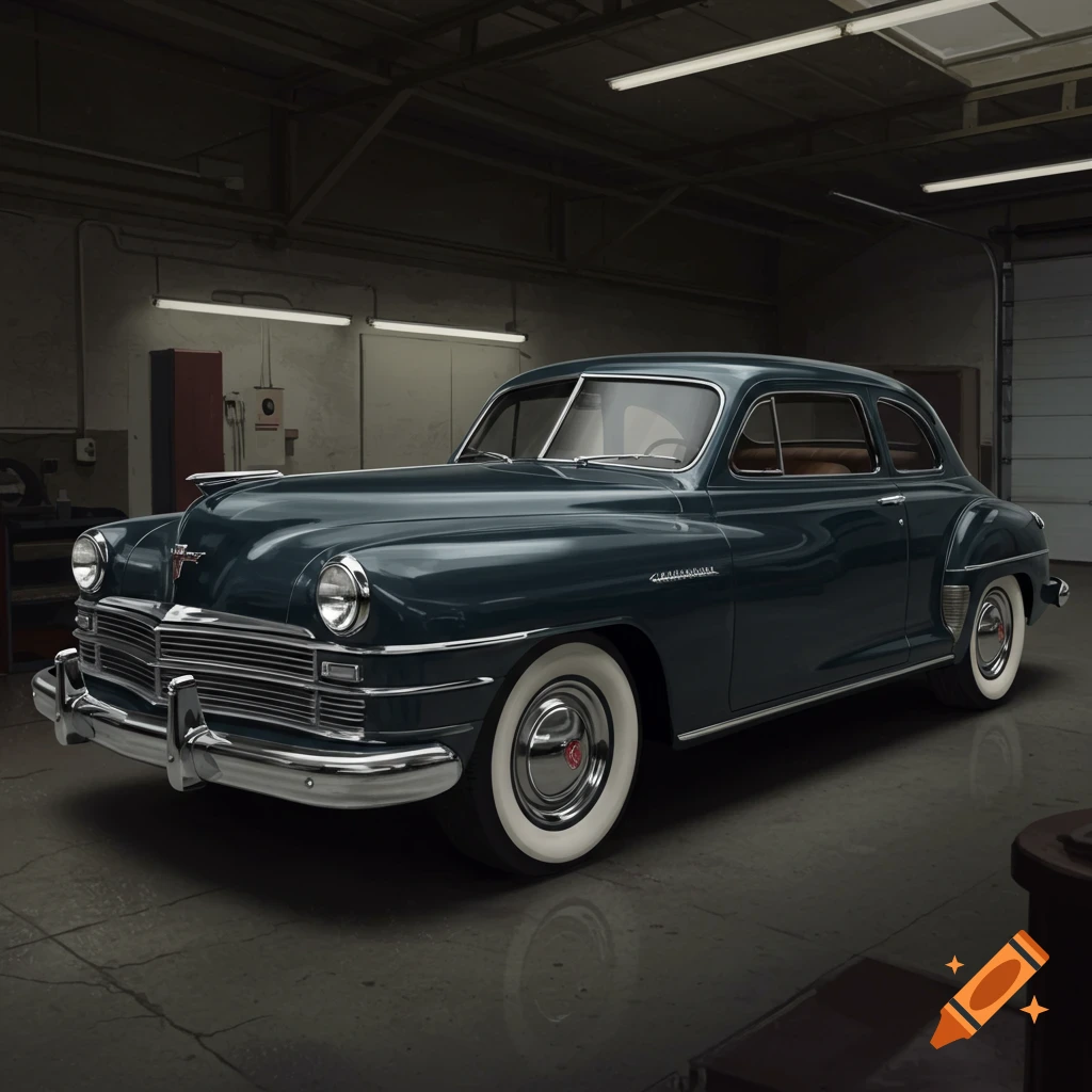 A dark blue classic car with whitewall tires parked in a garage.