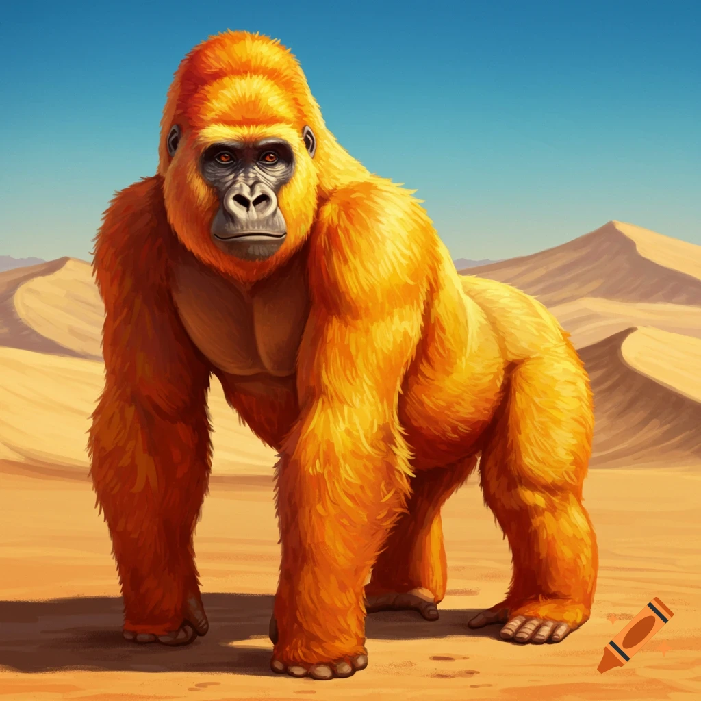 A large, orange gorilla-like creature standing in a desert with sand dunes.
