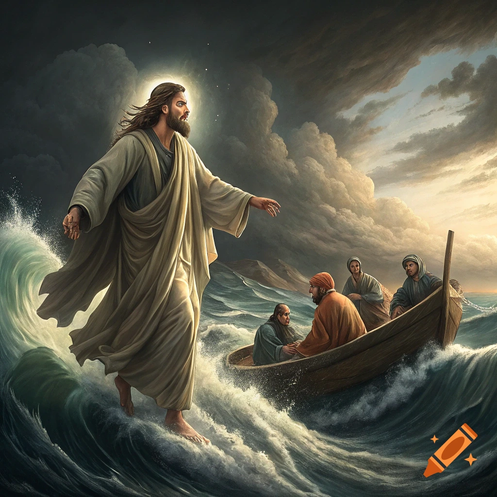 Jesus walks on a stormy sea towards a boat of disciples.