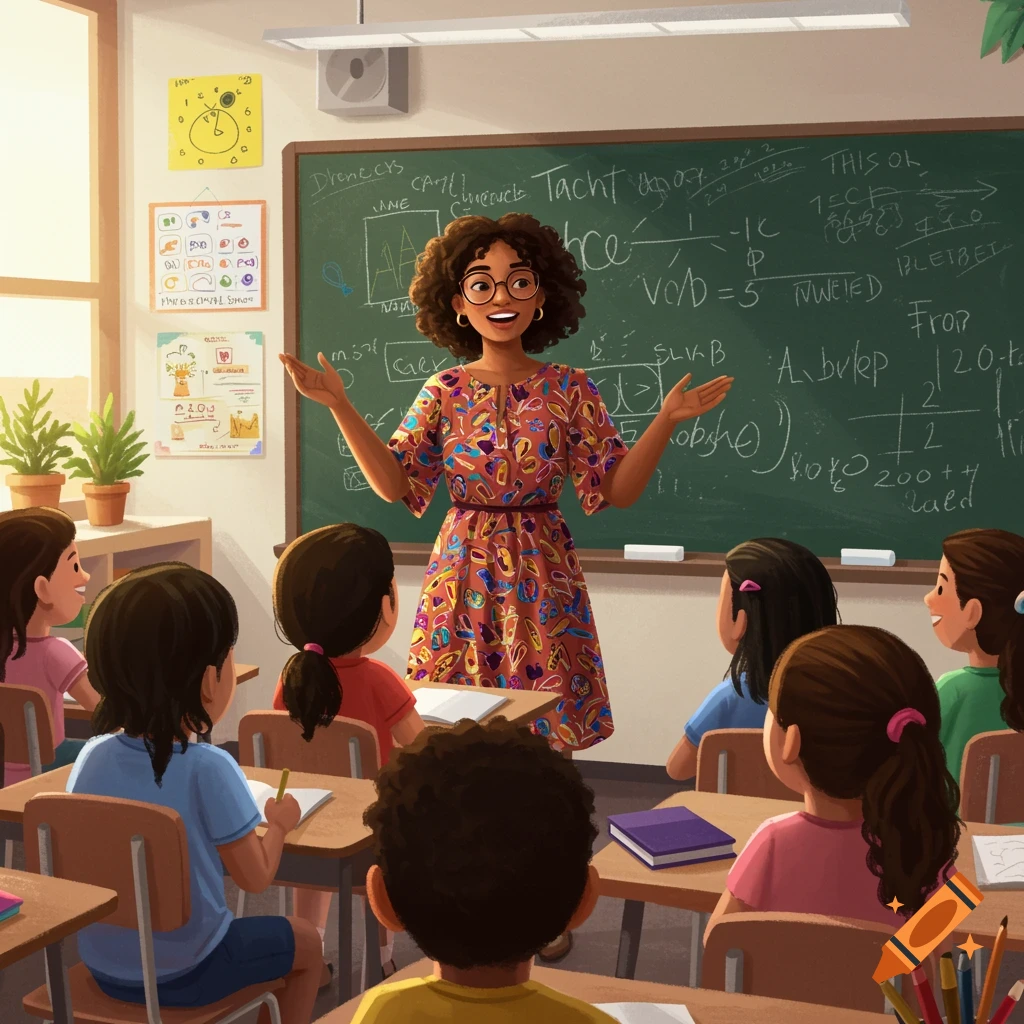 A teacher is lecturing to diverse elementary school students in a bright classroom.