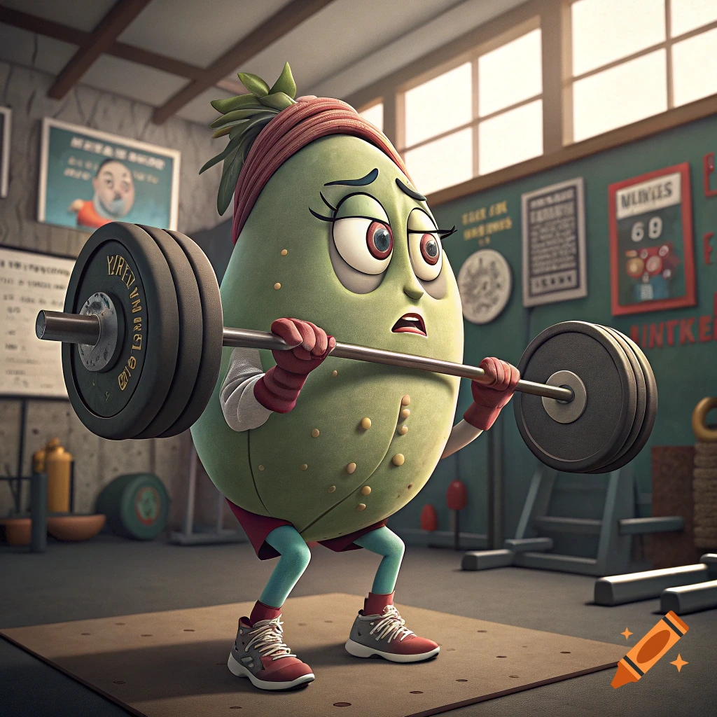 Cartoon lima bean character bench-pressing a heavy barbell in a gym.