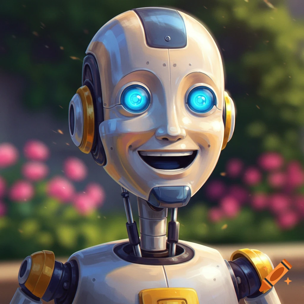 A smiling robot in a garden