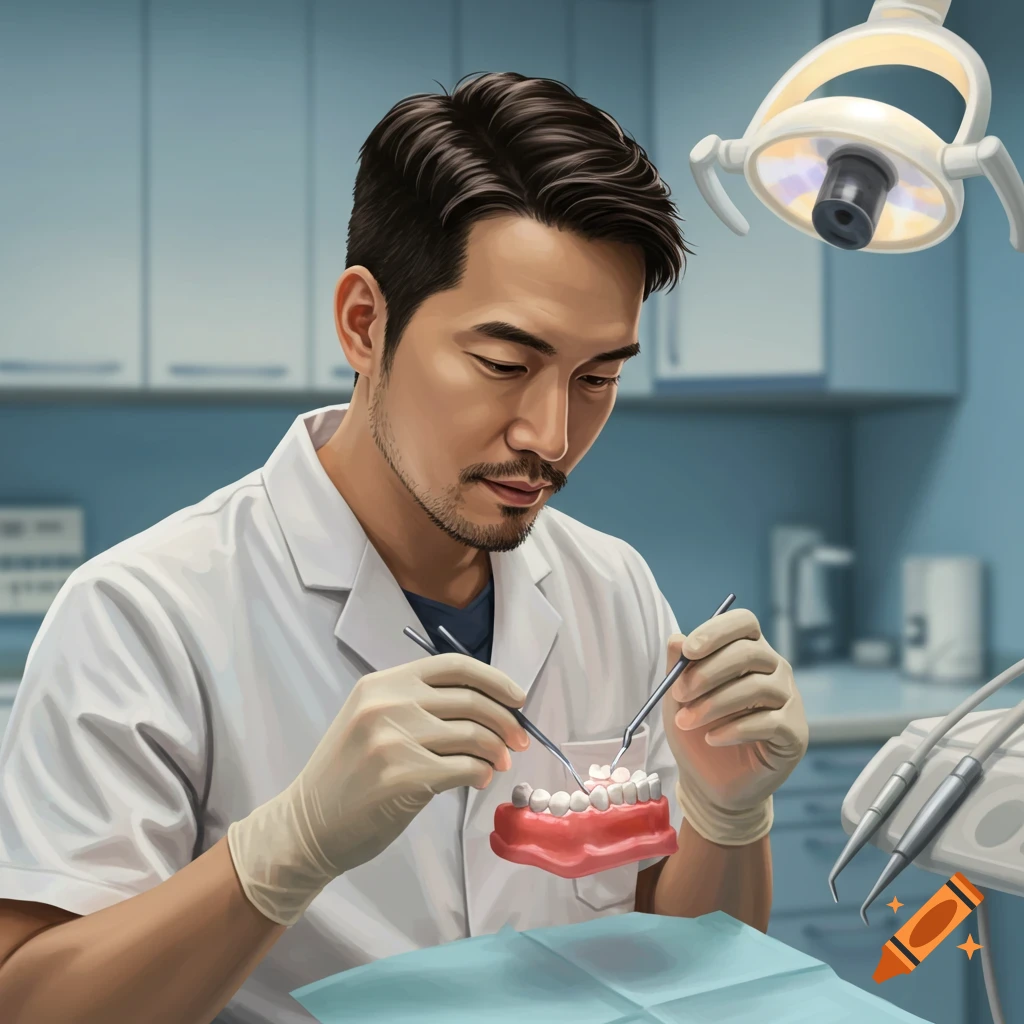 A dentist examines a dental model in a clinic.