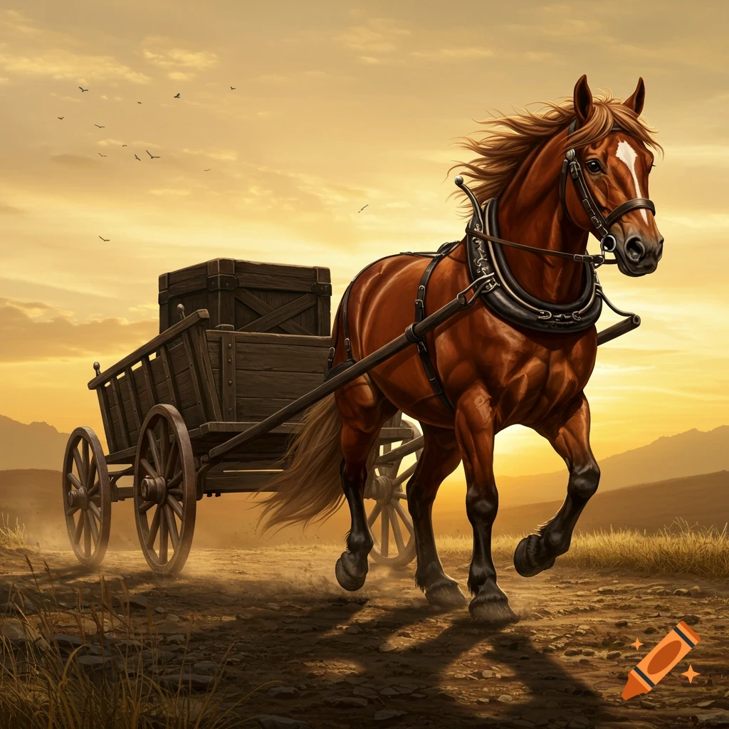 A brown horse pulls a wooden cart on a dirt road at sunset.