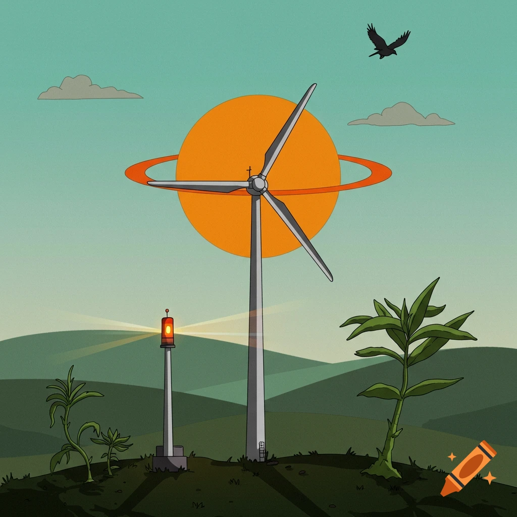 Digital illustration of a wind turbine and beacon on a hill under a ringed sun, with plants, hills, and a bird.