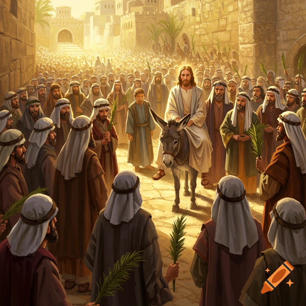 Jesus riding a donkey through a crowded street in Jerusalem, with people holding palm branches.