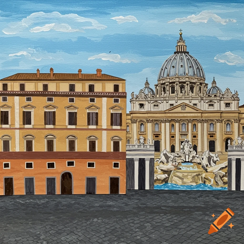 Painted depiction of St. Peter's Basilica and an adjacent building.