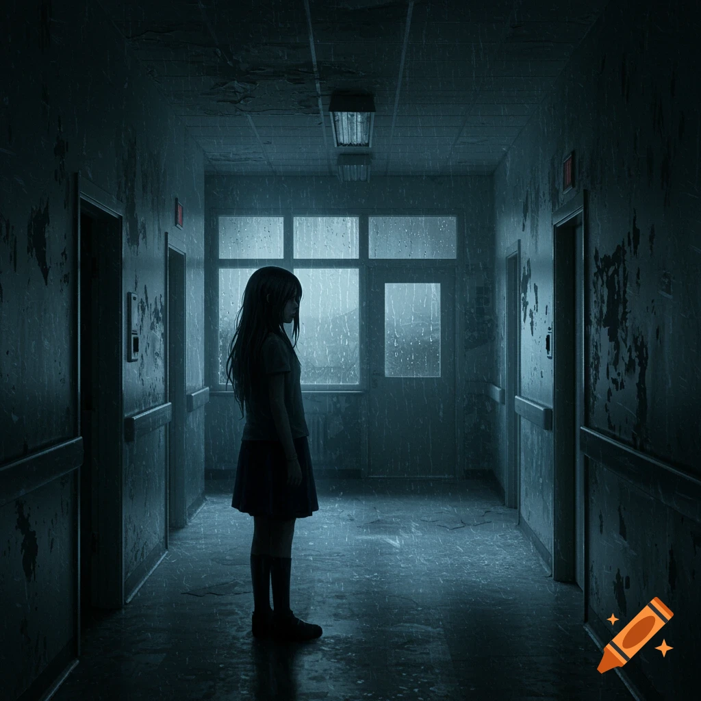 A young girl stands alone in a dark, rainy, abandoned hospital hallway.