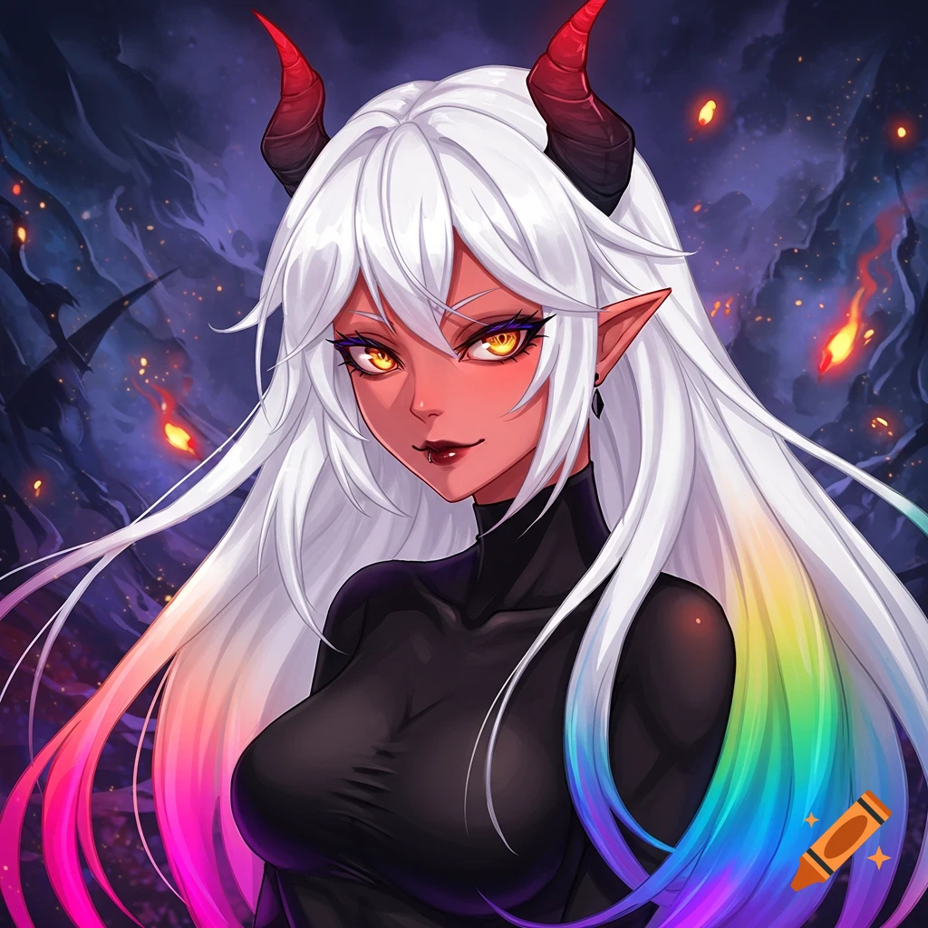 Anime portrait of a demon girl with red skin, red horns, white hair with rainbow tips, and orange eyes wearing a black top.
