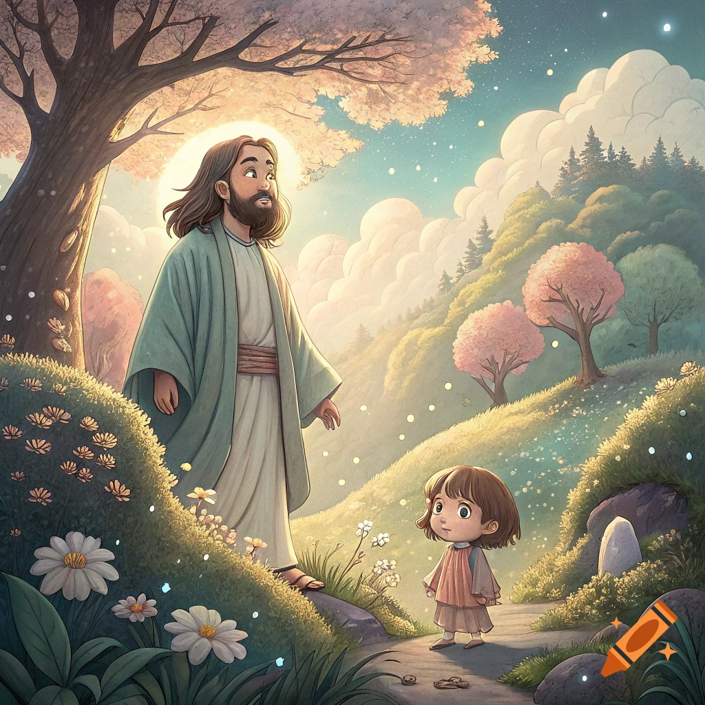 Jesus stands with a child in a peaceful, pastoral landscape with flowers and trees, in a Ghibli-like style.