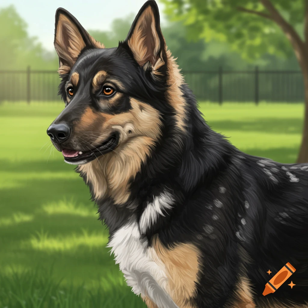 Illustration of a mixed-breed dog with black, tan, and white fur in a grassy yard.