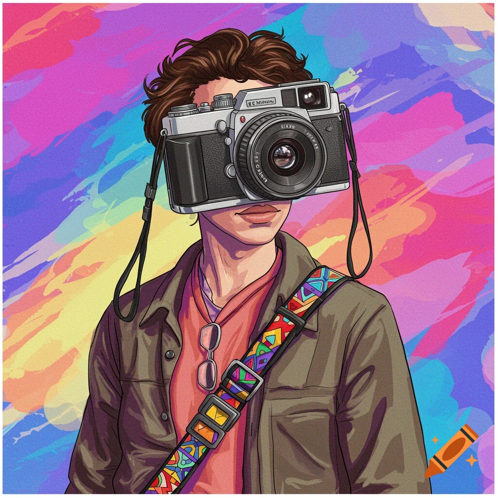 Pop art style image of a person whose head is replaced by a vintage camera with a colorful strap, set against a vibrant abstract background.