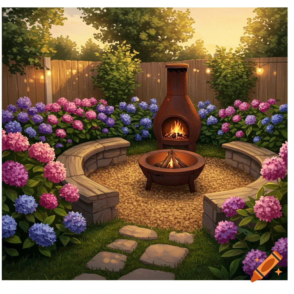 A garden patio featuring a fire pit, chiminea, stone benches, and pink and purple hydrangea flowers at sunset.