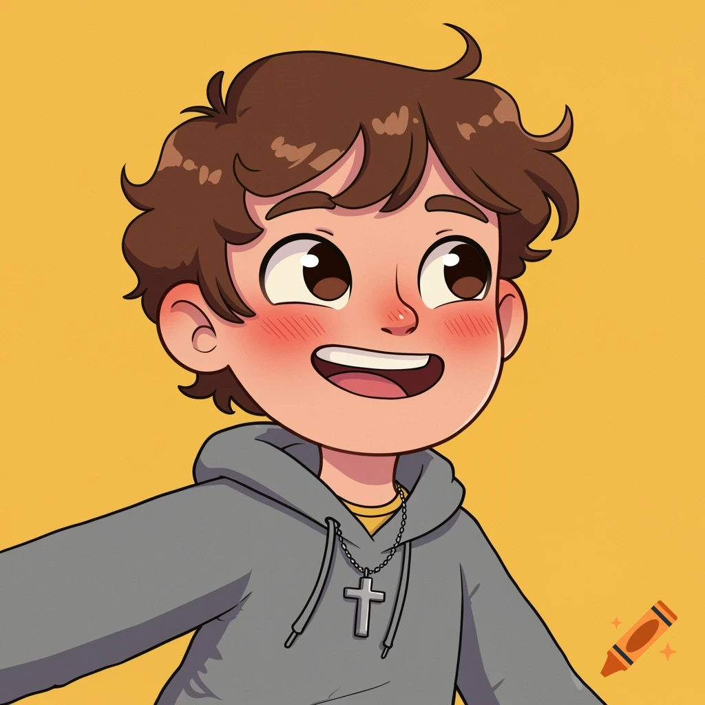 A cartoon boy with brown wavy hair, rosy cheeks, gray hoodie, and silver cross necklace smiles against a yellow background.