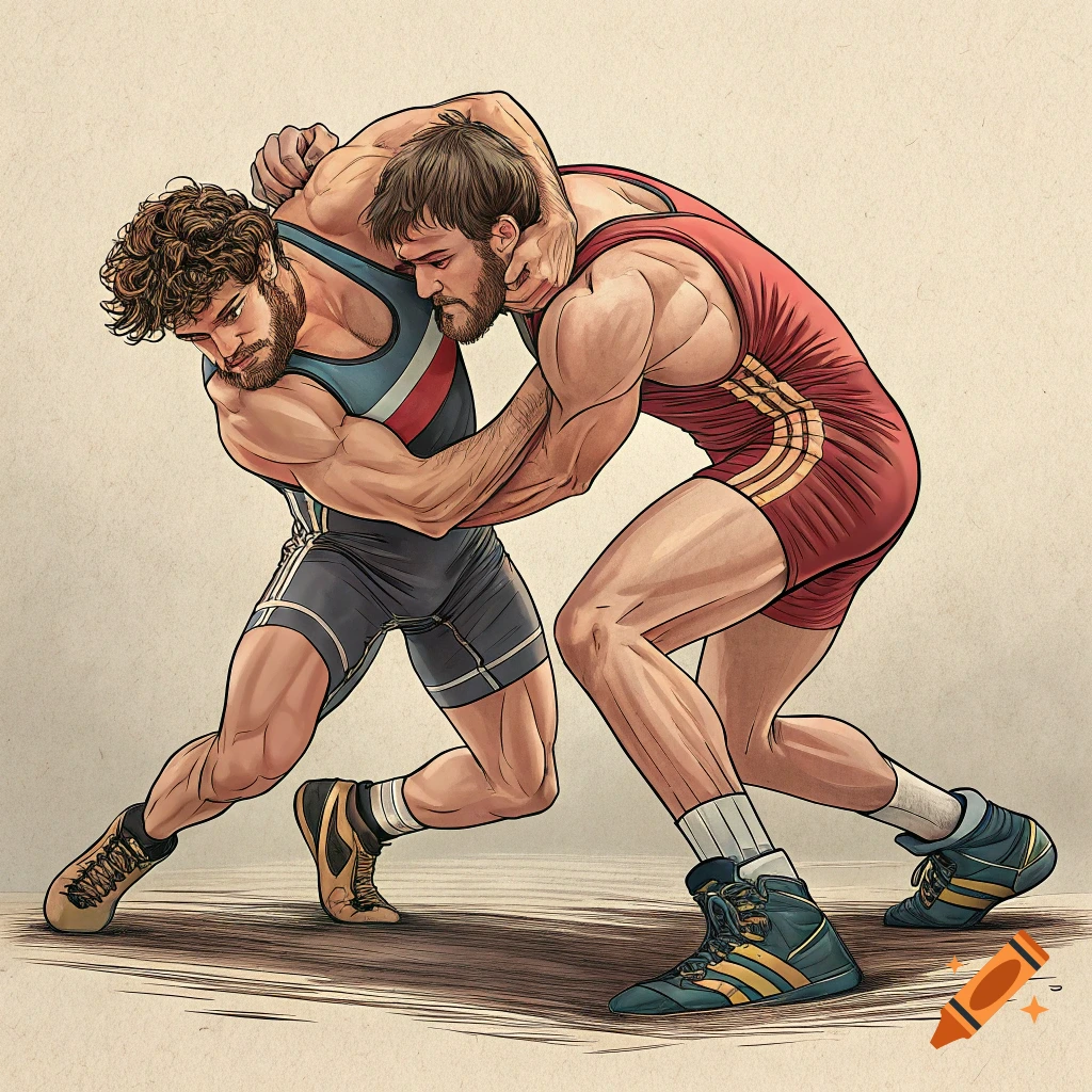 Two muscular men wrestle in a stylized illustration.