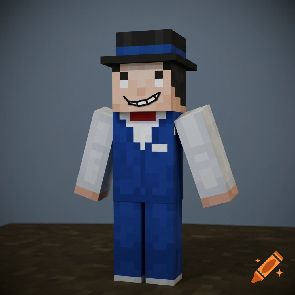 A blocky Minecraft character wearing a blue suit vest, white shirt sleeves, a black hat with a blue band, and a white face with a wide, derpy smile.