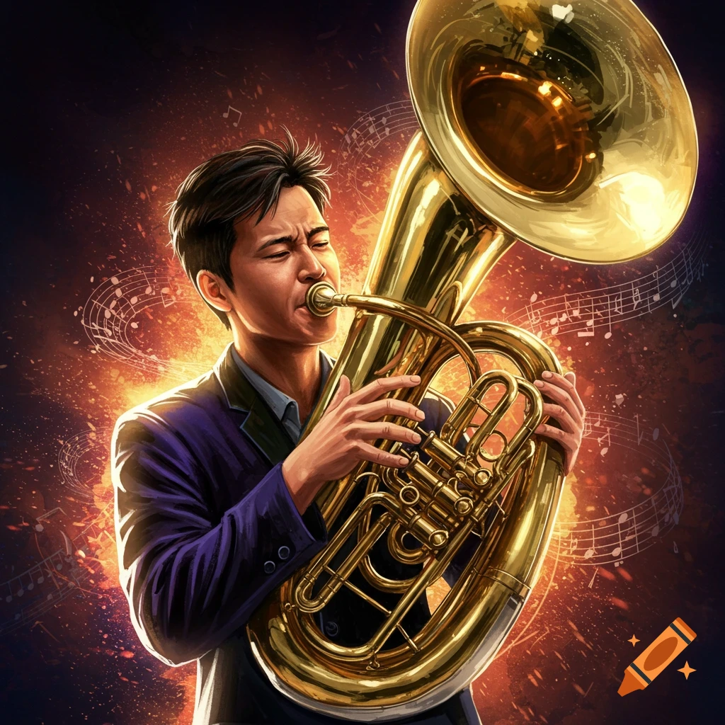 a musician playing a tuba with musical notes
