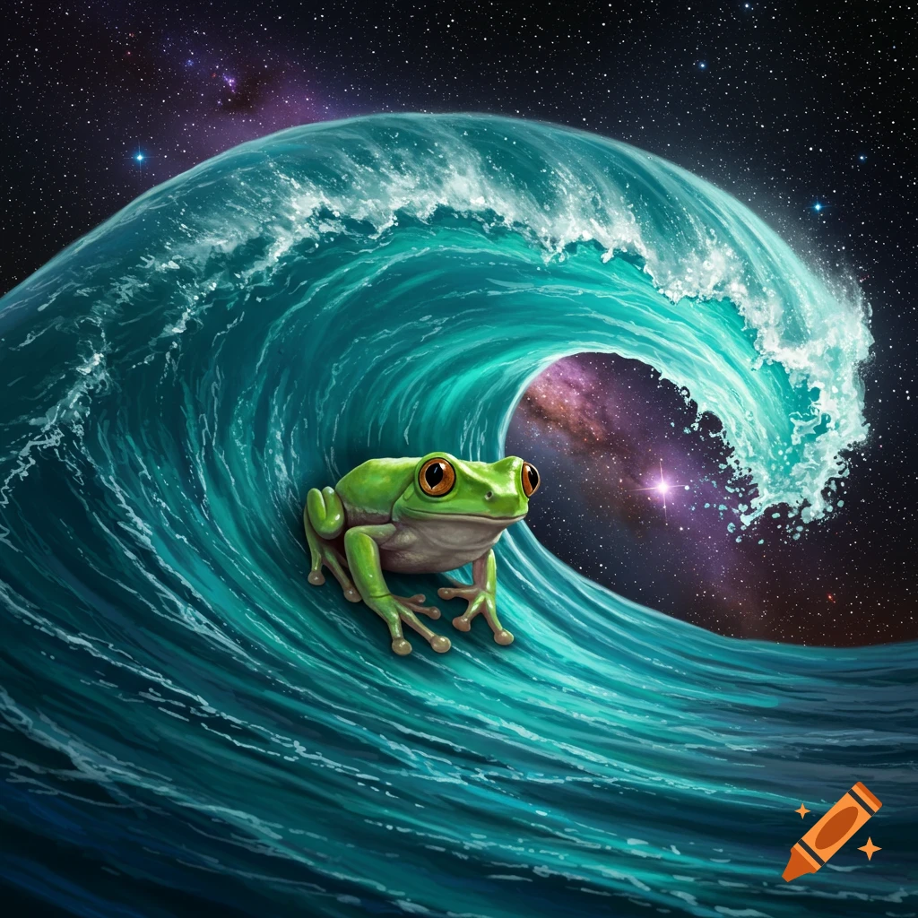 A green frog riding a large blue wave in space.