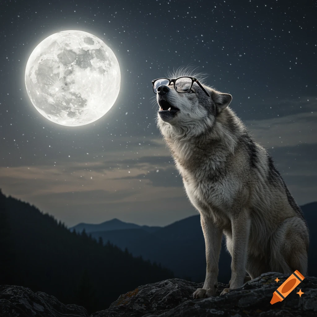 A wolf wearing glasses sits on a rock and howls at a large full moon under a starry sky.