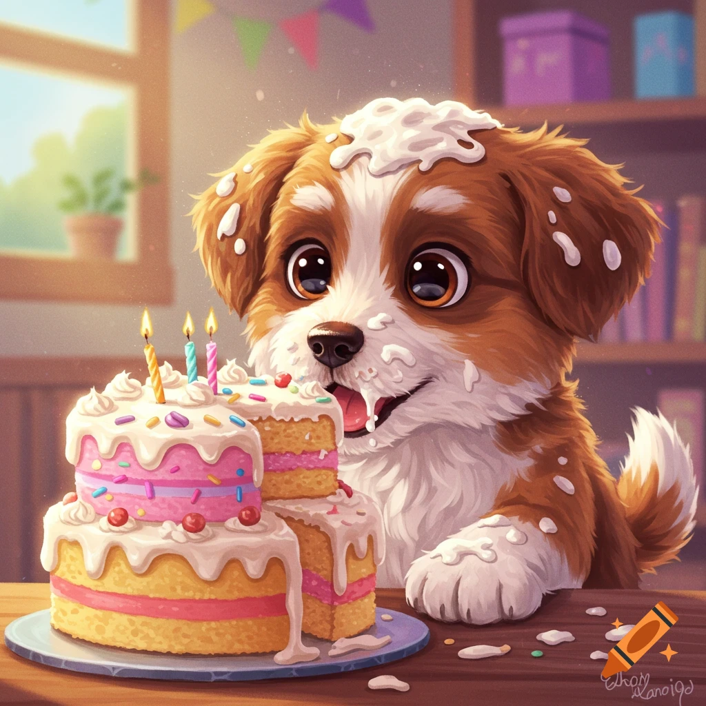 A cute cartoon dog with frosting on its head and face leans towards a birthday cake.