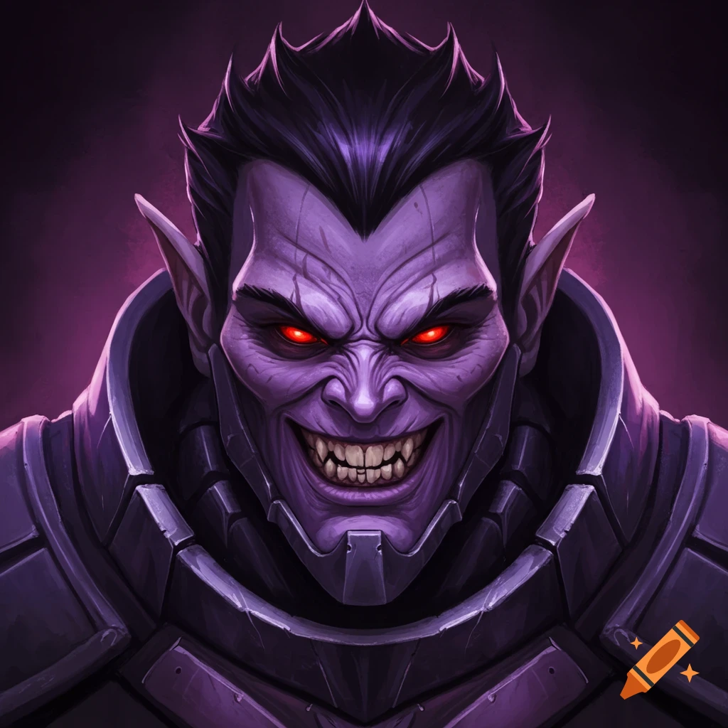 Headshot of a fantasy character with purple skin, glowing red eyes, sharp teeth, and dark armor.