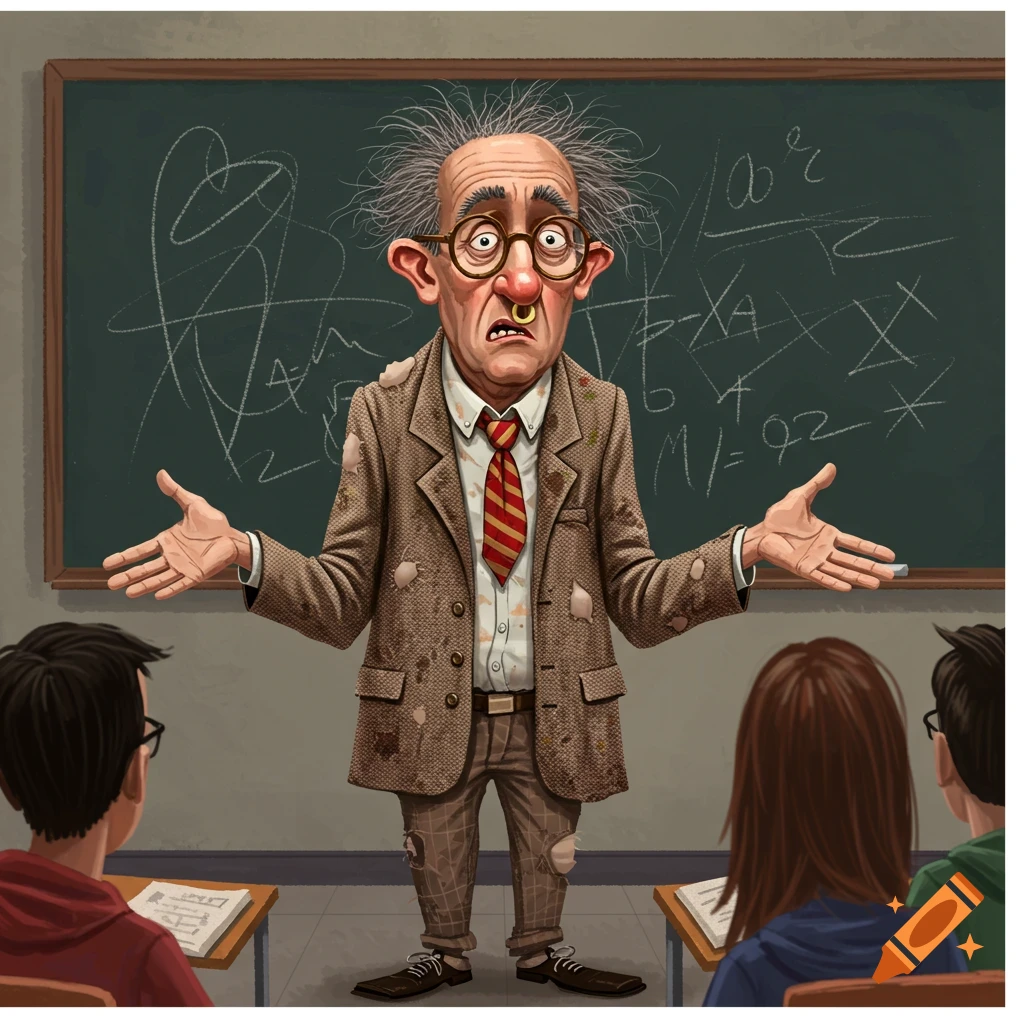 Painting of a cartoonish, disheveled teacher shrugging in front of a chalkboard.
