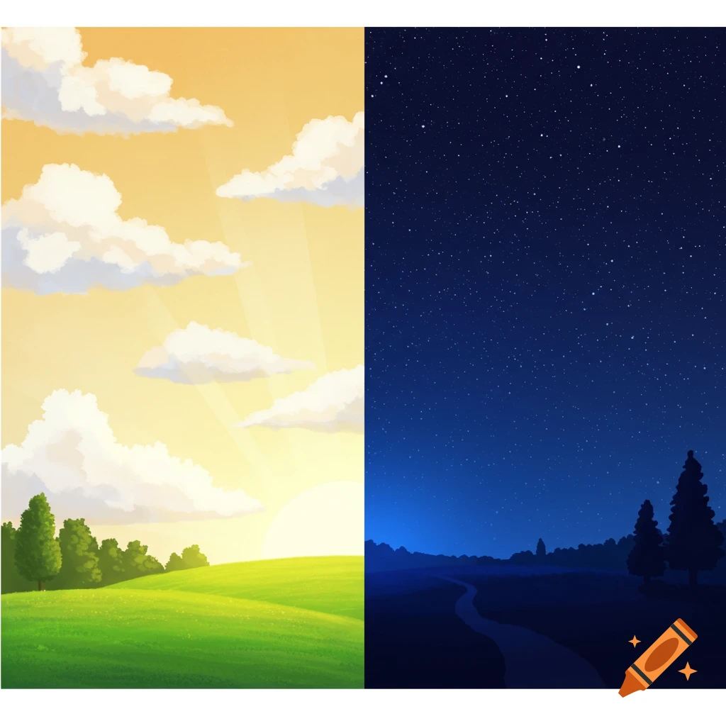 Split image showing a sunny daytime landscape with green hills and trees on the left, and a starry nighttime landscape with silhouetted trees and a winding river on the right.