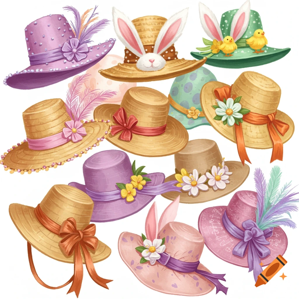 Colorful Easter hats decorated with bunny ears, flowers, and feathers.