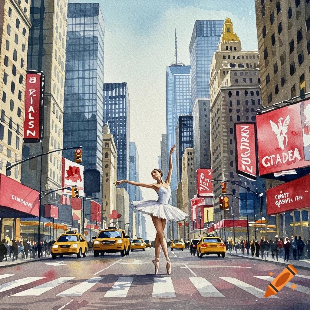 Watercolor painting of a ballerina dancing on a city street with skyscrapers and taxis.