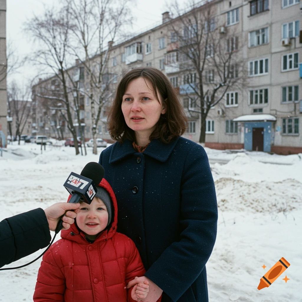 Vintage photojournalism of a mother and son being interviewed outdoors in the snow near apartment buildings.
