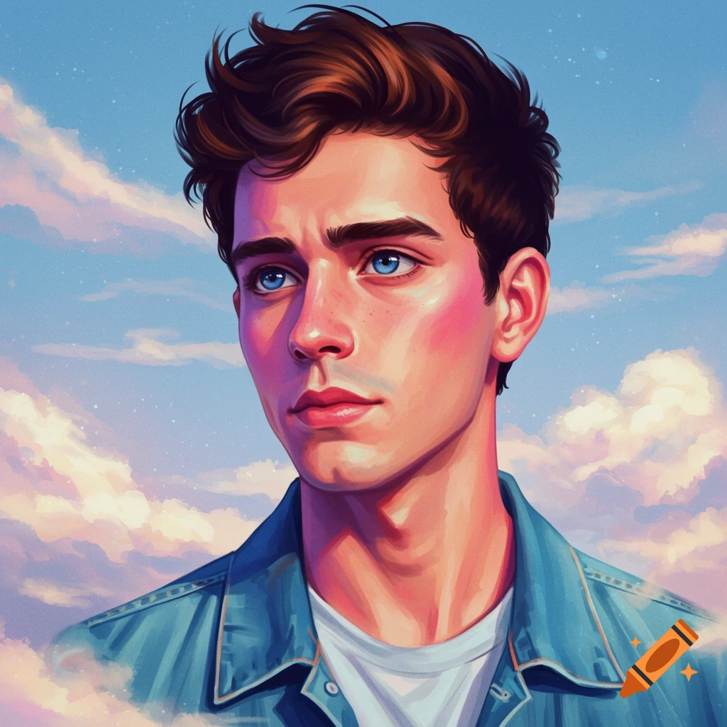 A young man with brown hair and blue eyes against a cloudy, dreamlike sky.