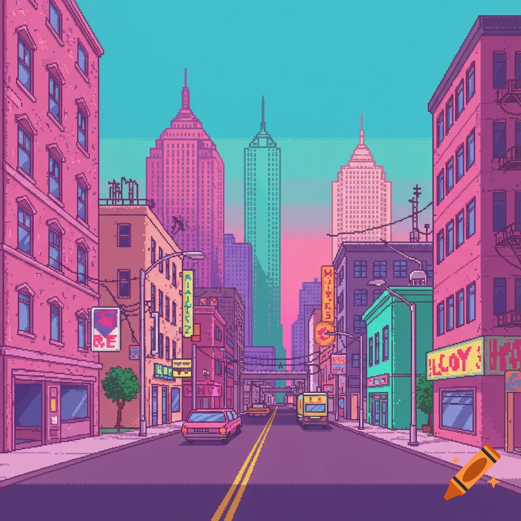 Pixel art cityscape street view with buildings, cars, and skyscrapers under a colorful sky