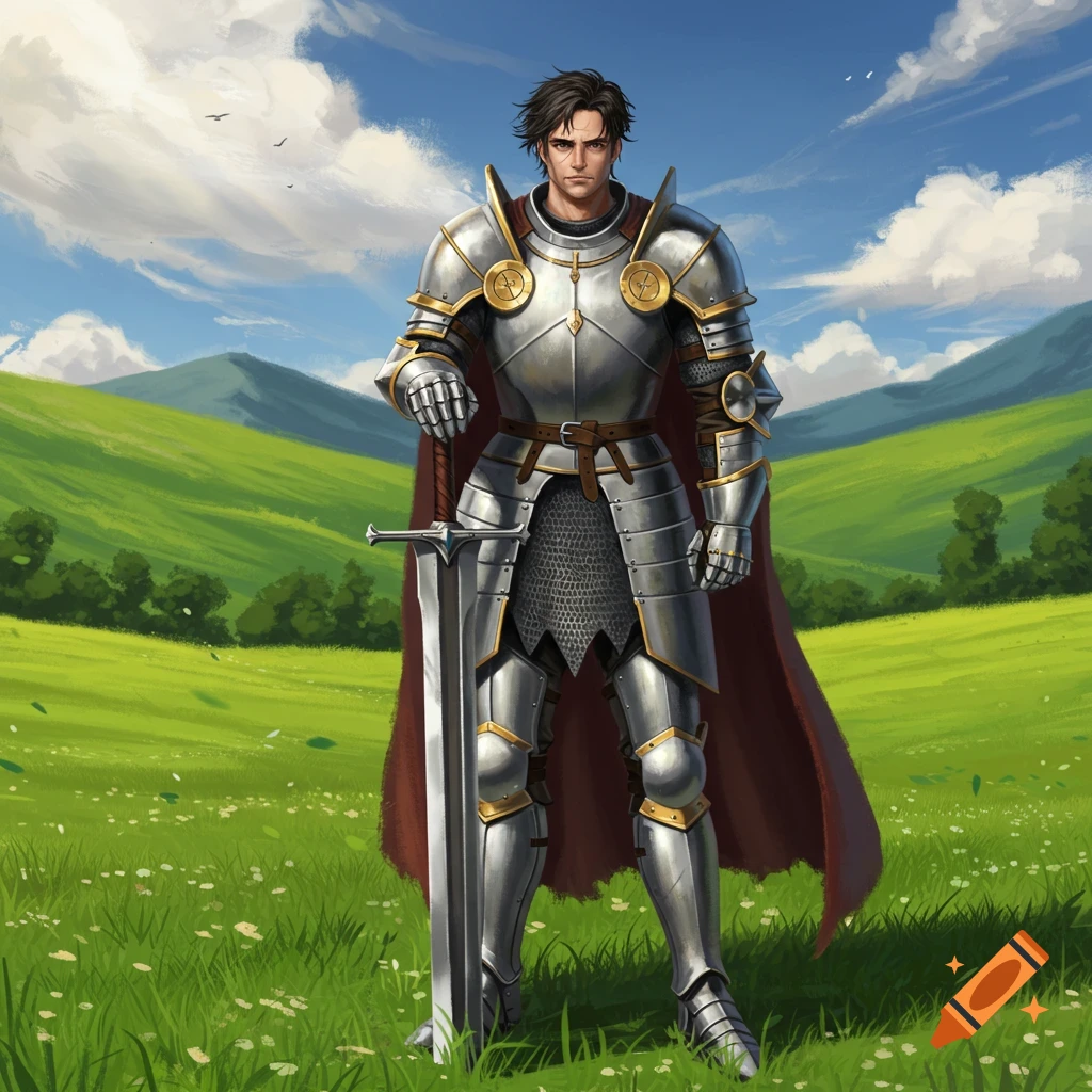 A knight in shining armor stands in a grassy field, holding a large sword.