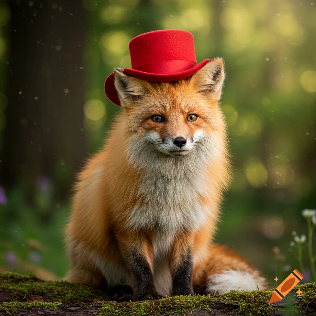 A red fox sits on a mossy log in a forest, wearing a red top hat.