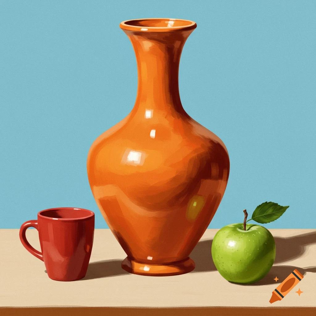 A still life features an orange vase, a red cup, and a green apple on a beige table against a blue background.