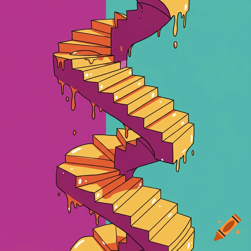 A cartoon spiral staircase dripping with orange substance on a split purple and teal background.