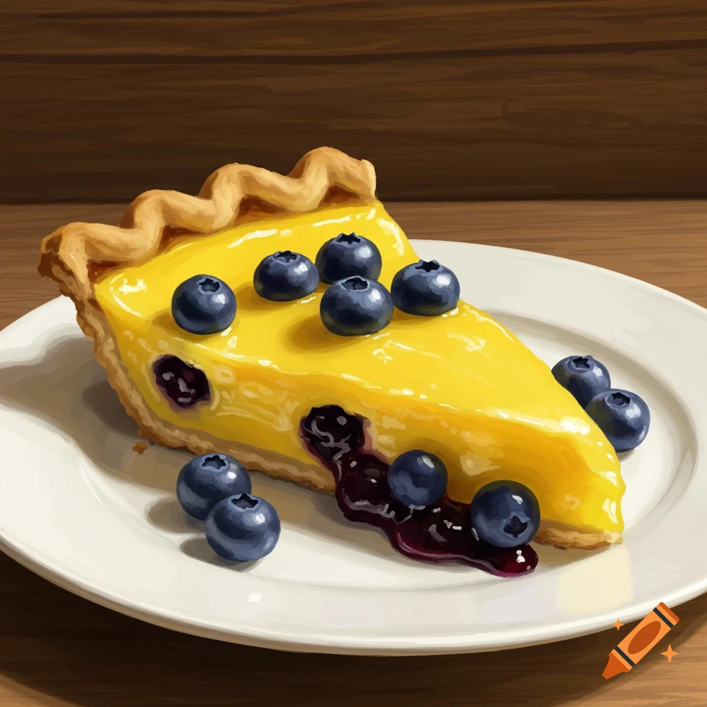 A slice of lemon blueberry pie is on a white plate.