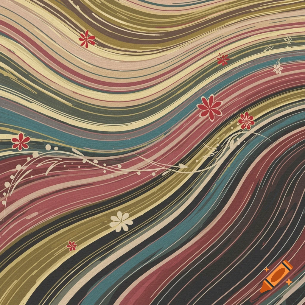 Abstract wavy pattern with colorful lines and scattered flowers