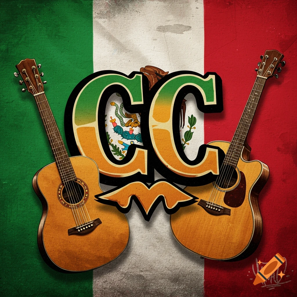 Two guitars and 'CC' letters with Mexican coat of arms over a Mexican flag background.
