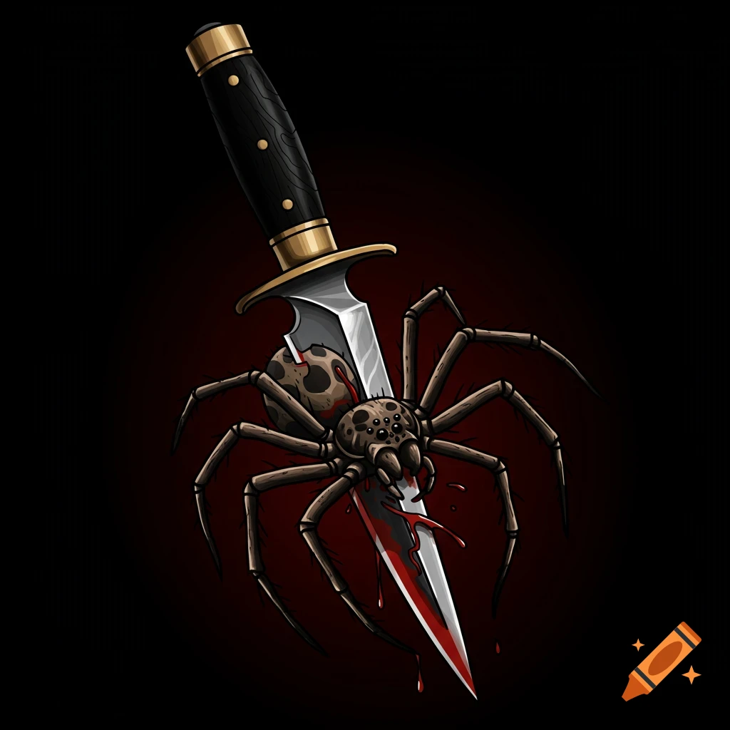 Tattoo style illustration of a knife stabbing a spider with blood.