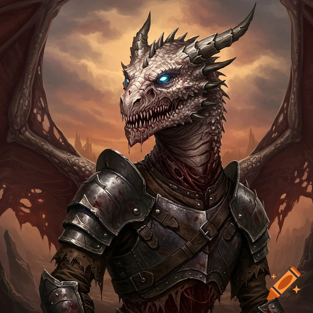 An undead dragonborn in armor, standing against a cloudy sky.