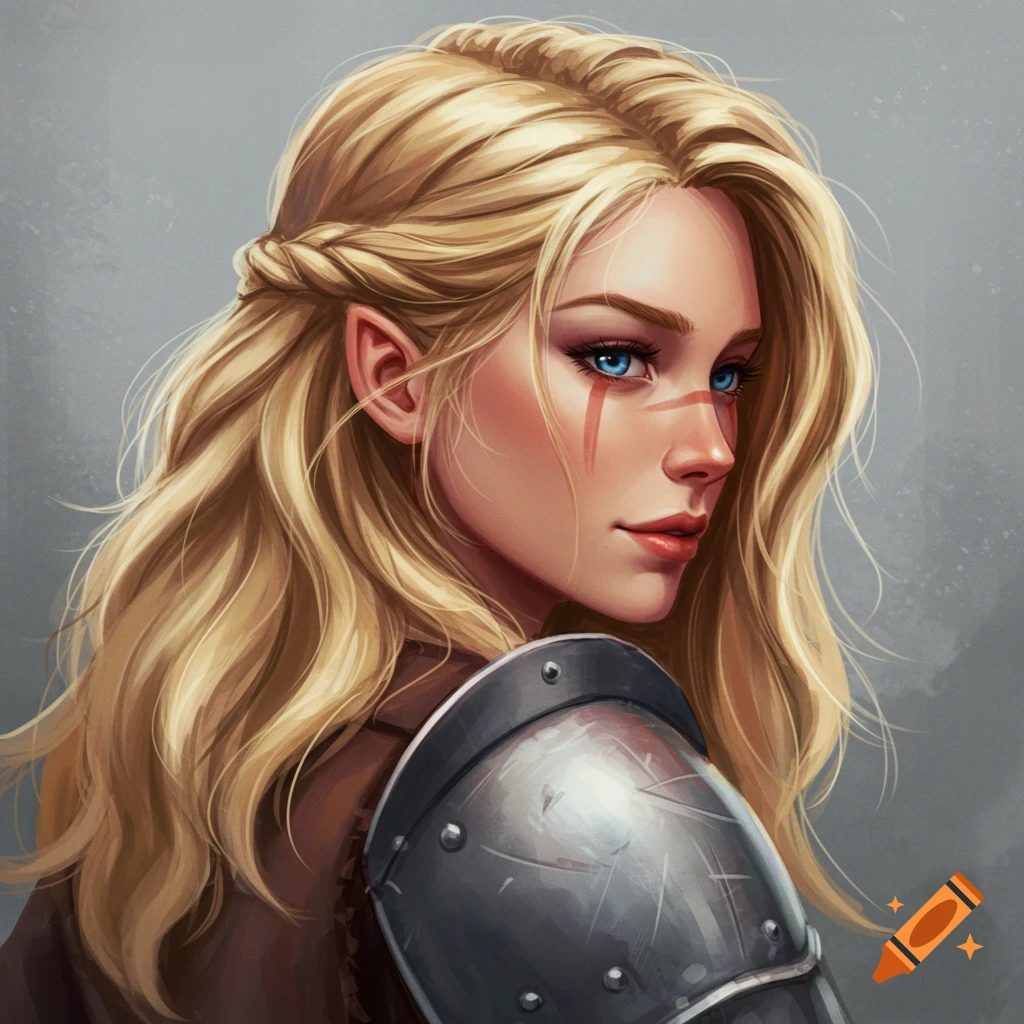 Portrait of a blonde female fantasy warrior with blue eyes and face paint
