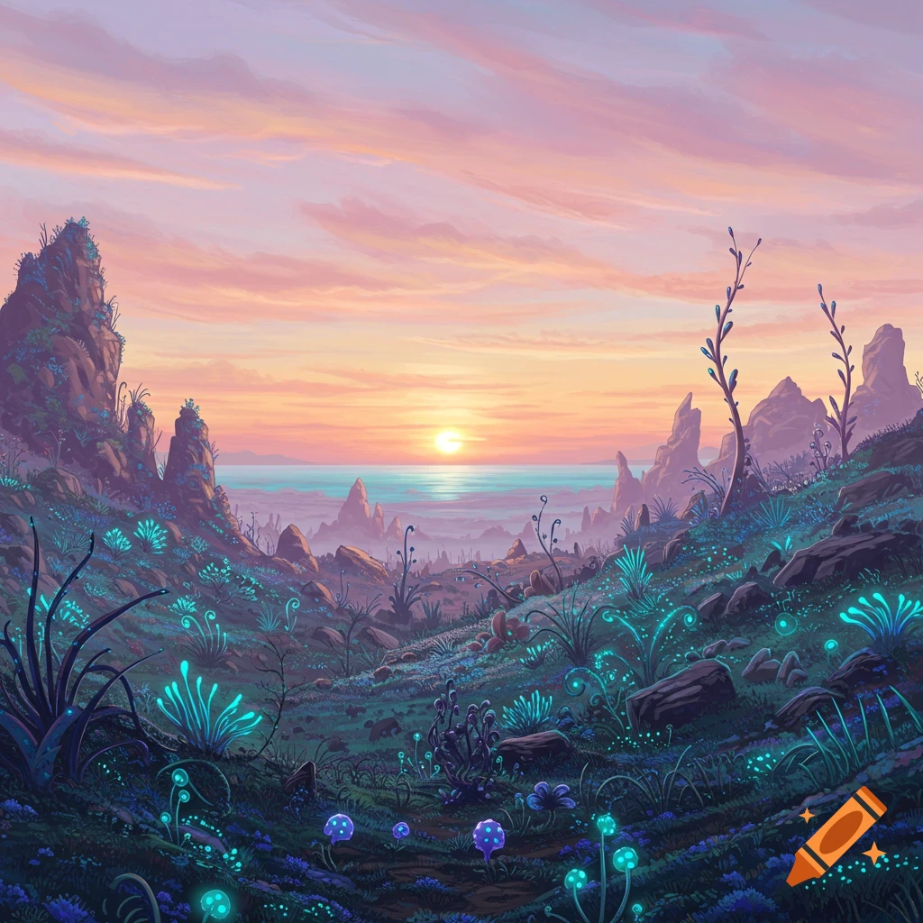 A vibrant alien landscape with glowing plants at sunset.